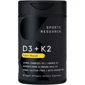 Sports Research Vitamin D3 K2 with Coconut Oil | Plant Based Vitamin K2 MK7 + Vegan D3 5000iu | Vegan Certified, Soy & Gluten Free – 60 Count Softgels