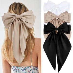 Velscrun 3Pcs Women’s Hair Accessories Gifts: White, Black, and Khaki Oversized Satin Hair Bows with Long Tails, Barrettes, and Clips for Girls