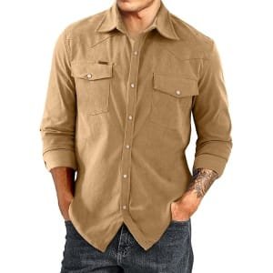 JMIERR Men’s Corduroy Shirts Casual Western Long Sleeve Button Down Shacket Jackets with 2 Flap Pocket