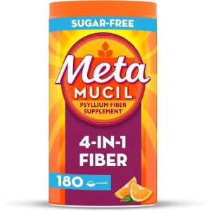 Metamucil 4 in 1 Daily Fiber Supplement Powder, Fiber Powder for Digestive Health and Regularity*, Sugar-Free, Orange, Naturally Sourced Psyllium Fiber, 180 teaspoons