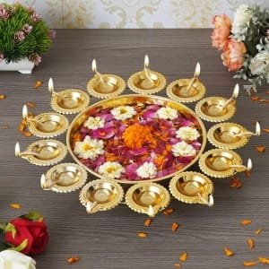 Diya Shape Decorative Urli Bowl for Home Metal Handcrafted for Floating Flowers and Tea Light Candles Home ,Office and Table Decor| Diwali Decoration Items ( 14 Inches), Gold